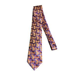 TED BAKER 100% Silk Hand Made Checkered Tie in Gold/Purple 63” x 3.5”